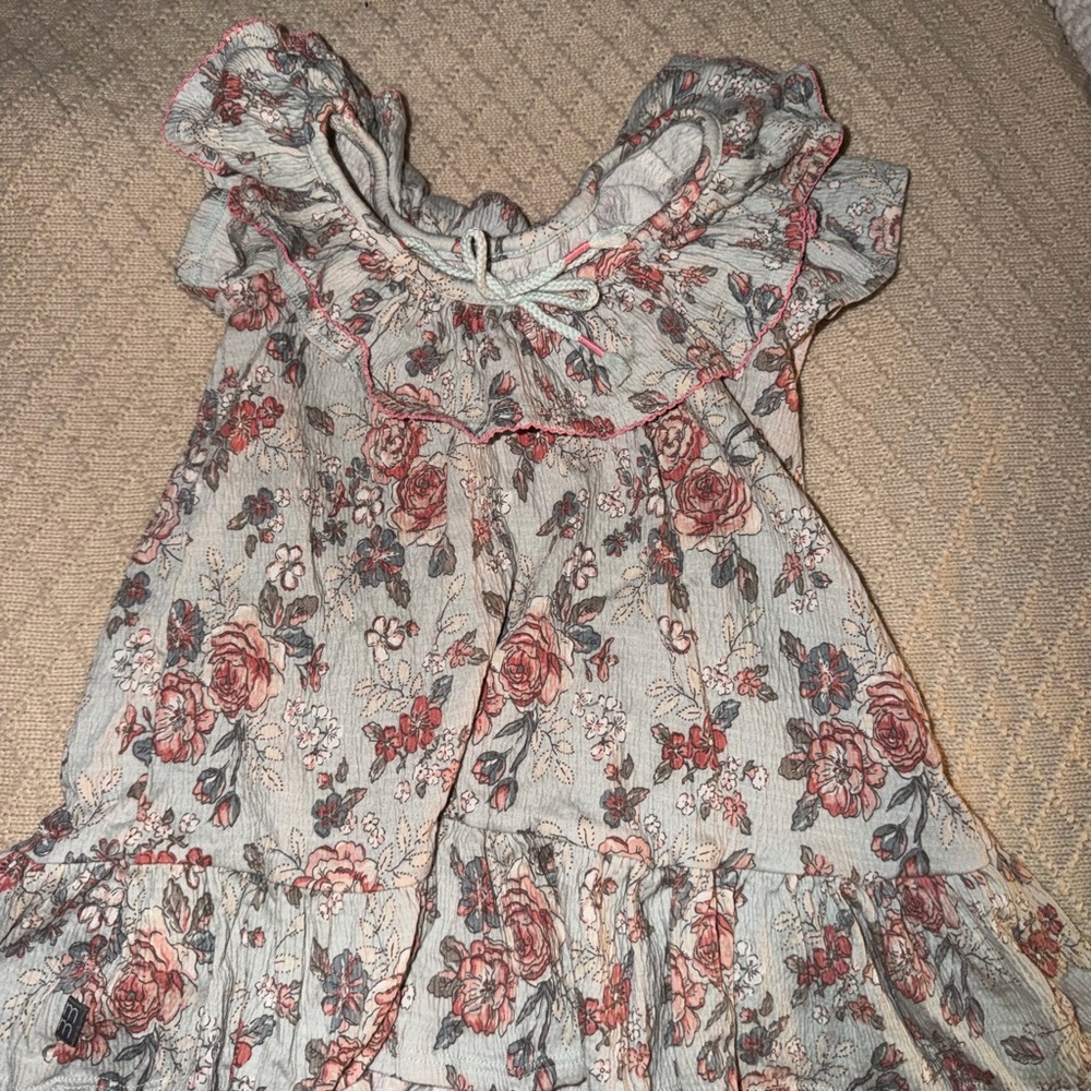 Girls' Floral Ruffle Neck Dress - Cream with Pink Rose